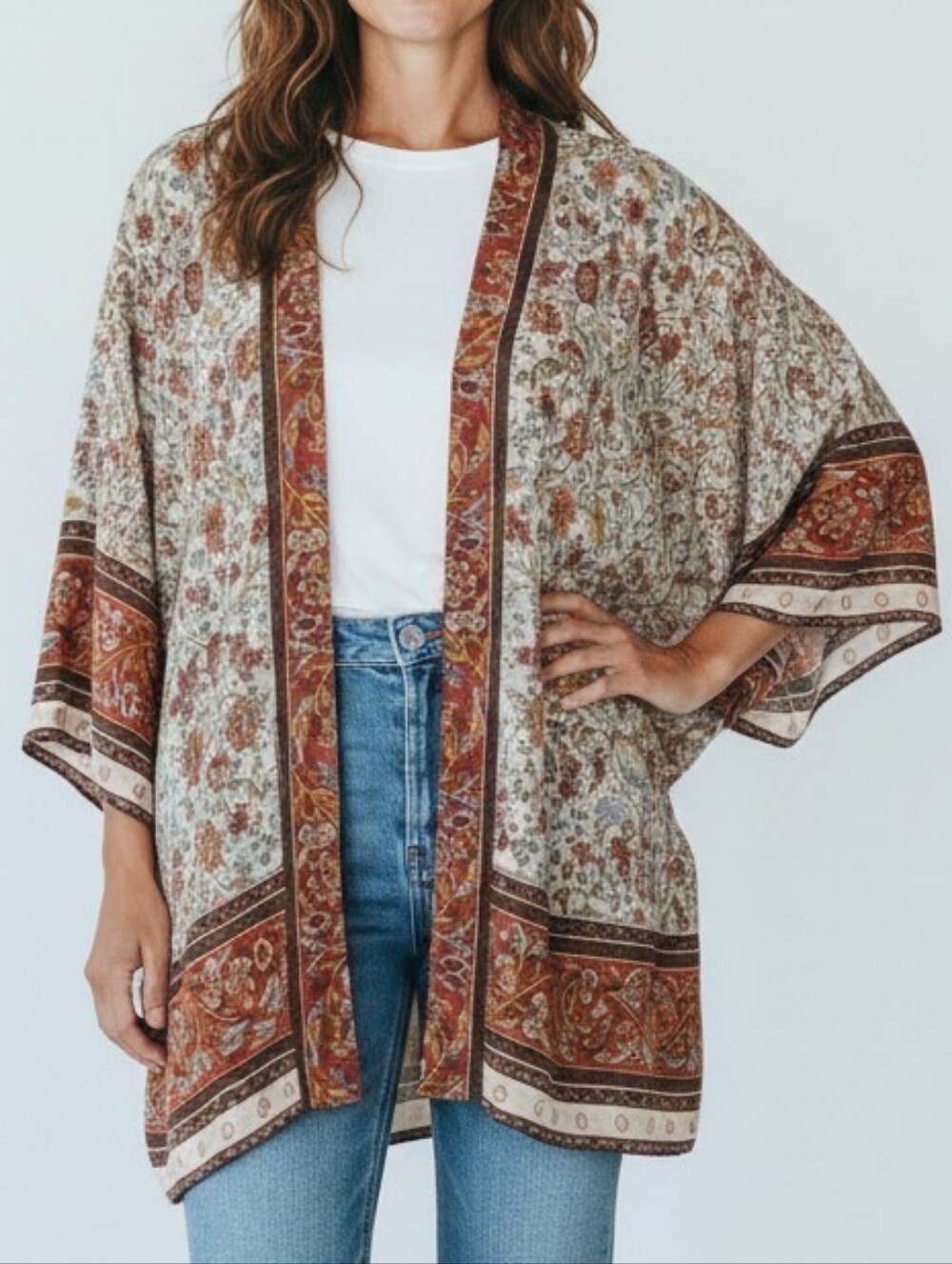NWOT Floral Boho Open Front Kimono Cardigan XS 100% Viscose Lightweight Sz.XS